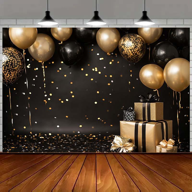Ein schwarz-goldener kombinierter Feierhintergrund, begleitet von Luftballons, Konfetti und Geschenkboxen - geeignet für Geburtstage