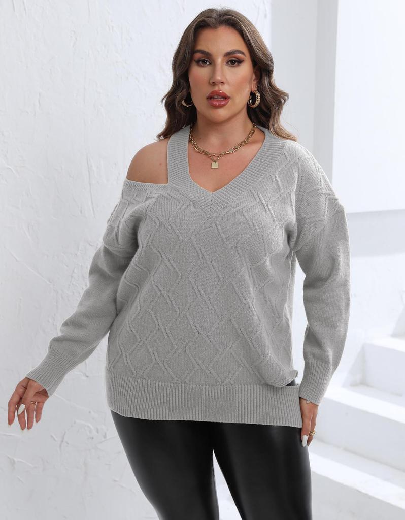 Women's Plus Size Off-the-Shoulder Knit V-Neck Sweater - Autumn & Winter Collection