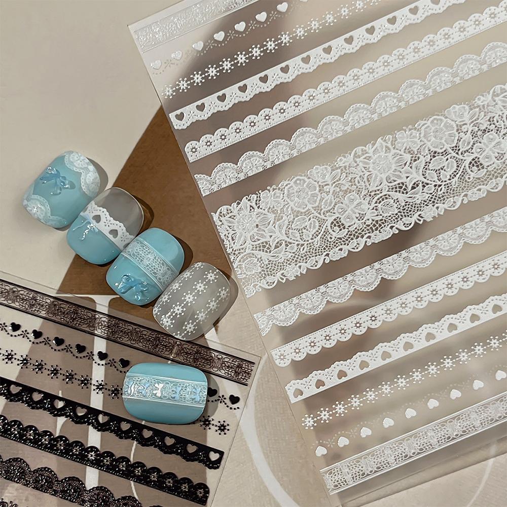 1Pcs 5D Embossed White Lace Nail Stickers Elegant Lace Flower Nail Decals Self-Adhesive Lace French Nail Slider DIY Decor 8*10cm