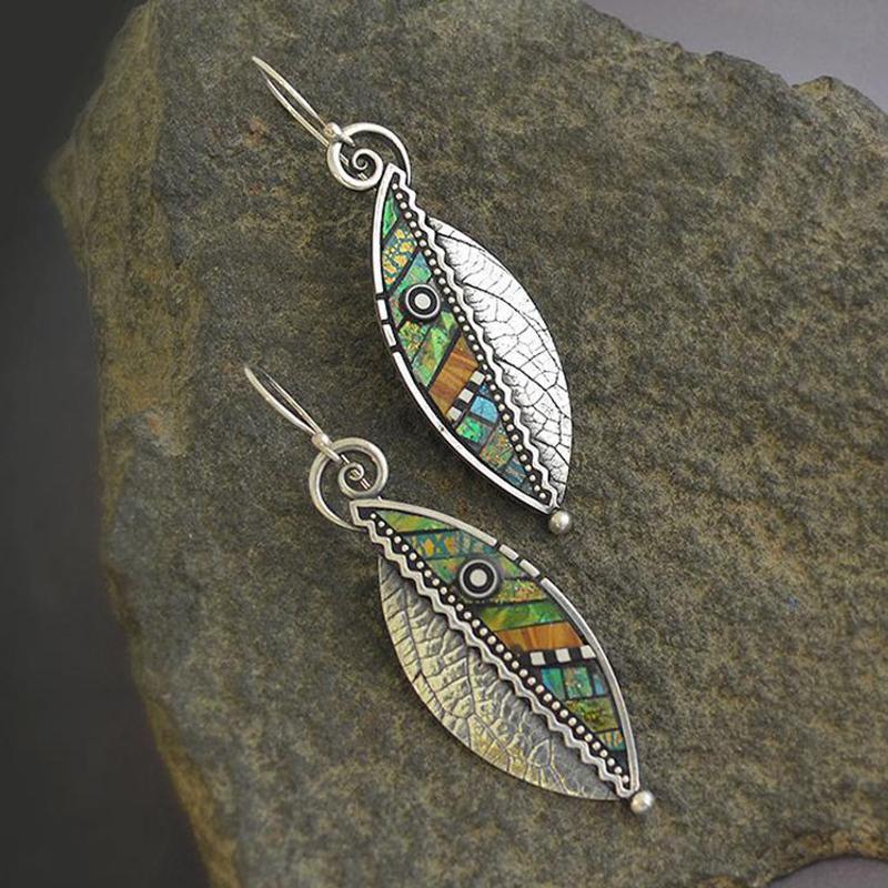 Bohemian Green Leaf Earrings for Women Ethnic Abstract Vintage Silver Color Drop Dangle Earring Oorbellen Pendientes O4D423