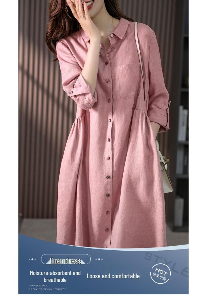 2025 Spring/Autumn Artistic Casual Loose Plus Size Women's Linen Slimming Shirt Dress