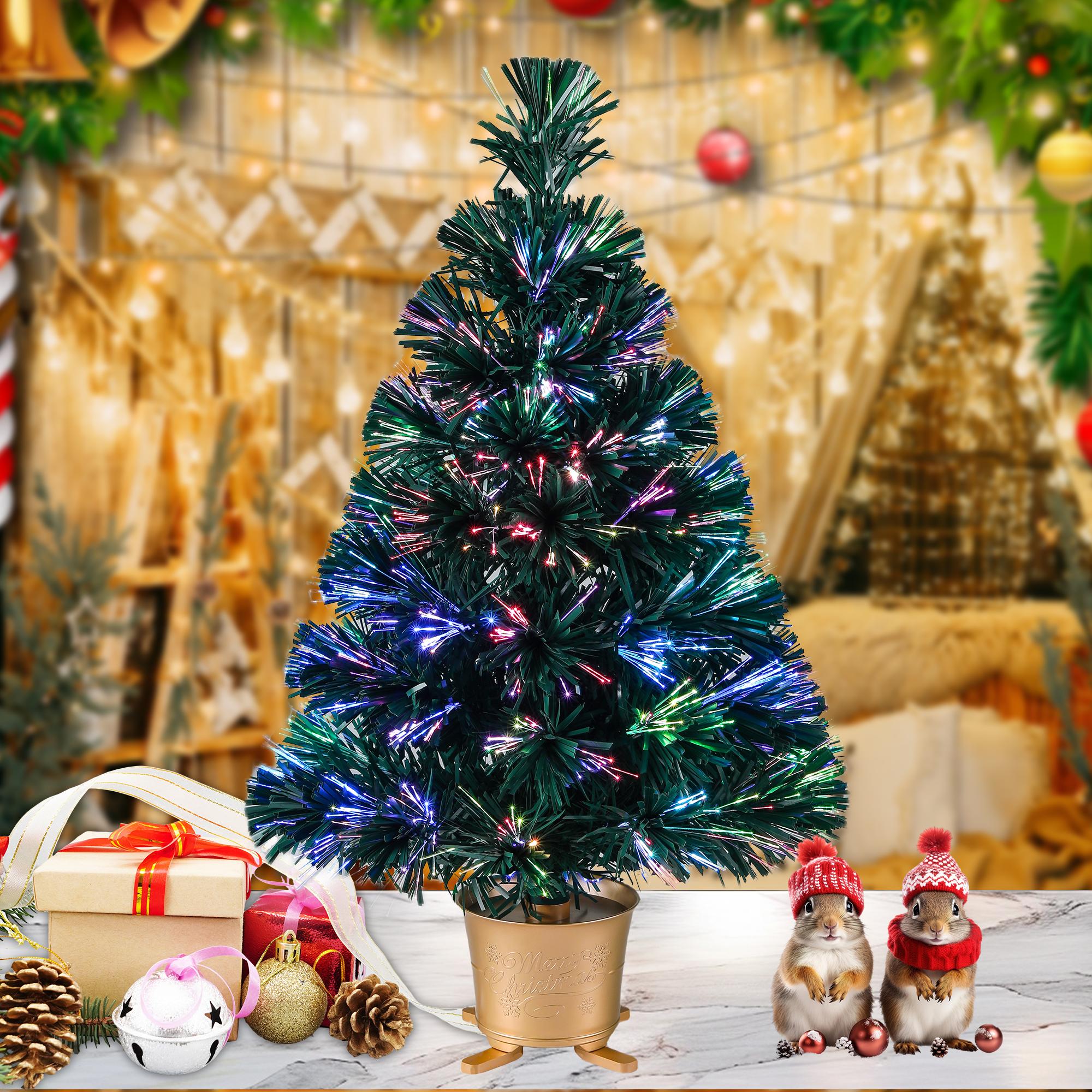 24 Zoll grüner, vorbeleuchteter künstlicher Mini-Glasfaser-Tischweihnachtsbaum mit LED-Beleuchtung und goldenem Sockel black