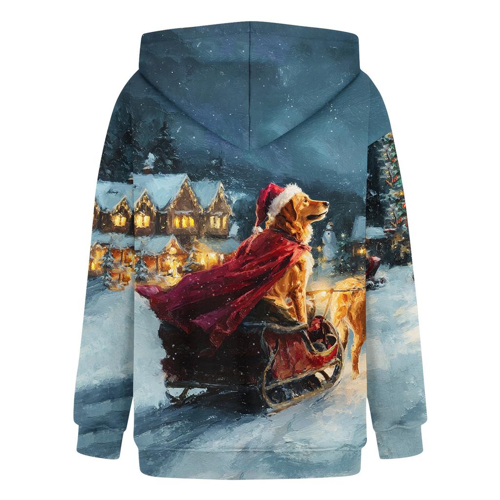 Women's Fashion Long Sleeve Christmas Print Loose Hooded Sweatshirt Top