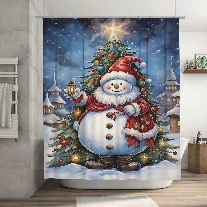 

Tuniu Festive Snowman Christmas Bathroom Decor Shower Curtain Waterproof Holiday Village Scene Cute Winter Home Textile Cozy Vib W60H190(CM)-1 Pcs