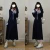 Large Size Bow Lace-up Dress for Women's Autumn and Winter Design Sense Splicing Fungus Edge Long Skirt