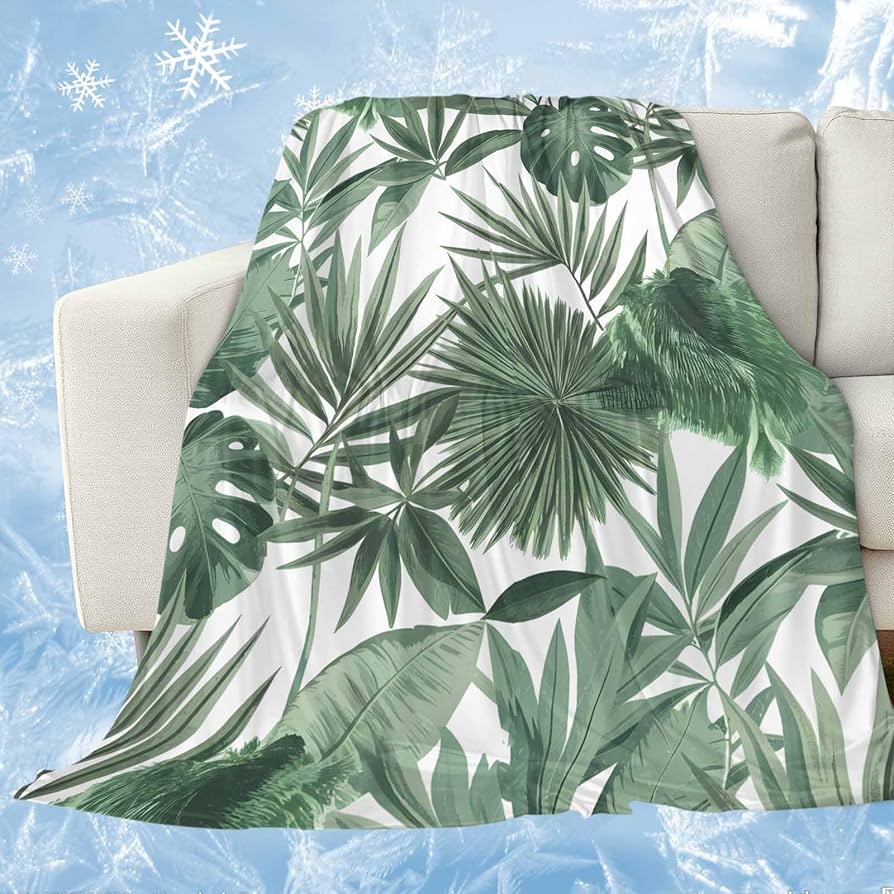 Coperta Plaid Verde Tropicale con Foglie Palma Monstera in Pile per Divano Letto Tema Festivo Accogliente Morbida Coperta Decorativa Regalo Caldo