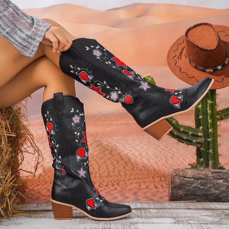 Autumn new European and American style mid-heel embroidered high boots women's large size embroidered thick heel leather knight cowboy boots