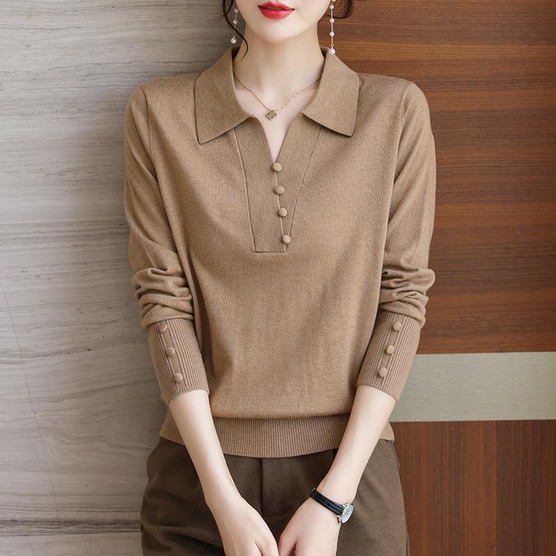 Lapel Knitted Bottoming Shirt Spring and Autumn Long-sleeved Top Mother Autumn Clothes New Women's Clothing Early Autumn Thin Sweater