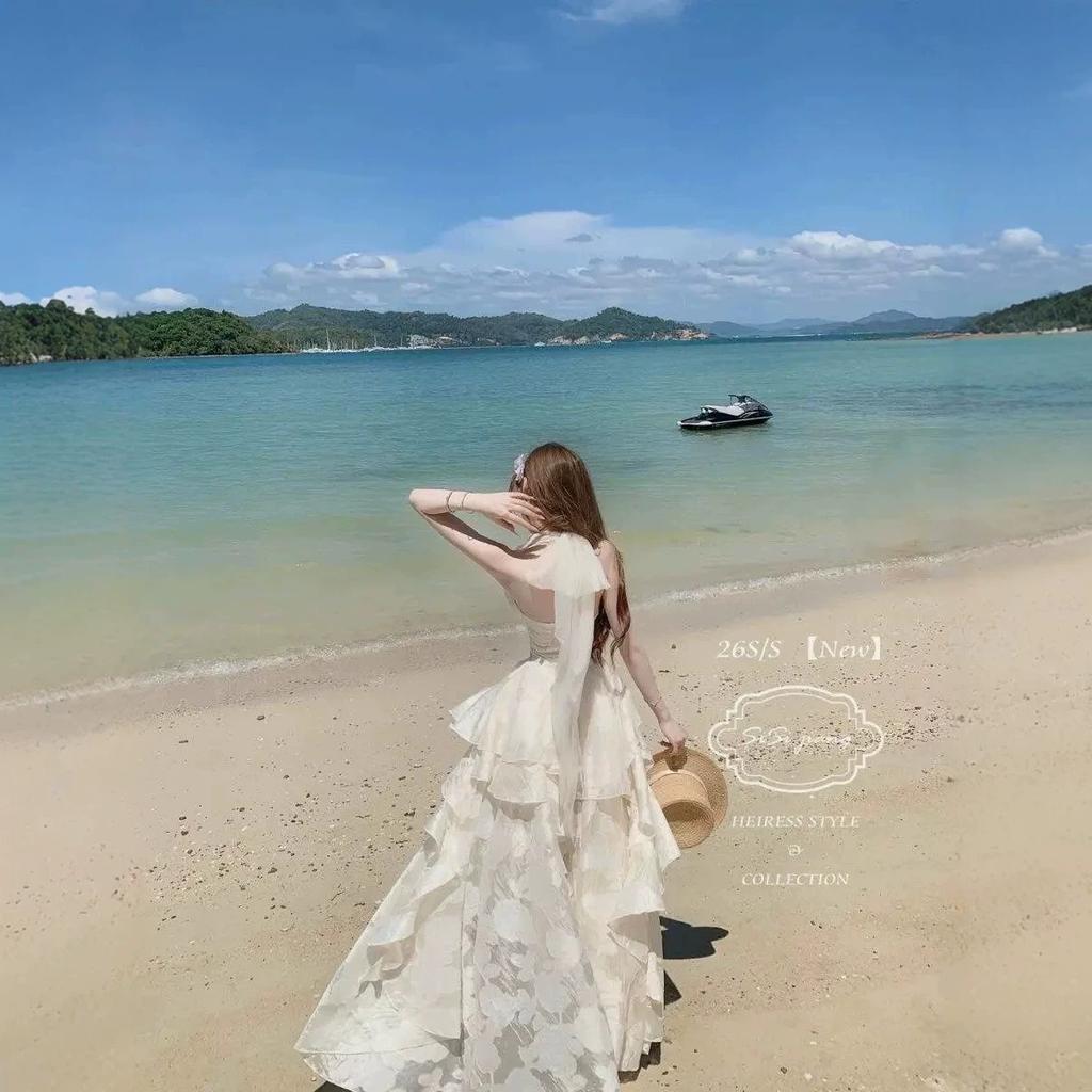 French sweet vacation style neck dress women's summer new pure desire style temperament irregular seaside vacation dress