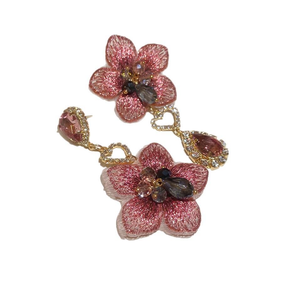 Silver Needle Fabric Flower Glass Fringed Earrings Medium Antique Temperament Stud Earrings Design Sense Niche Earrings