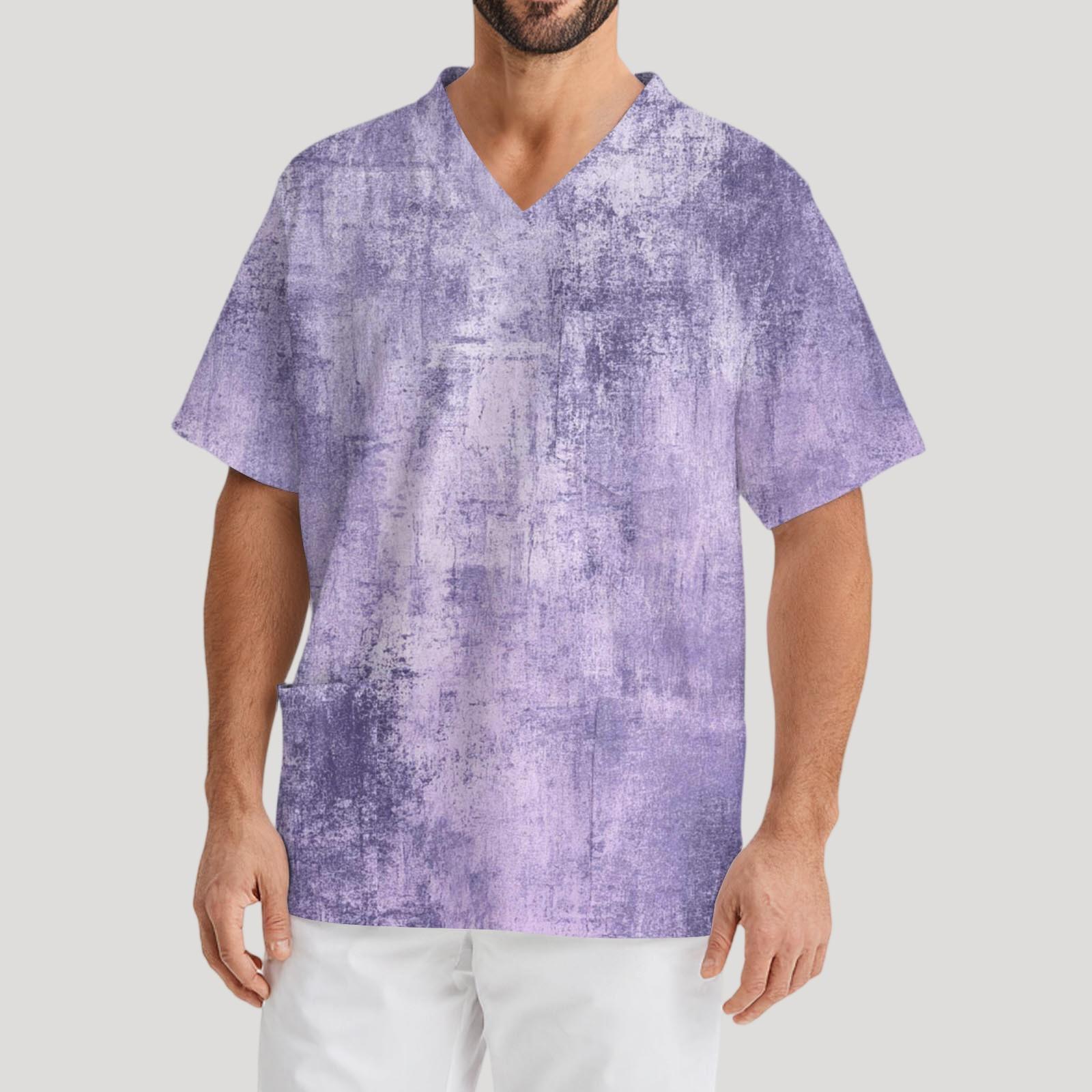 

Men s Printing Short Sleeve V-neck Working Blouse Chest Pocket Carer Top M фіолетовий
