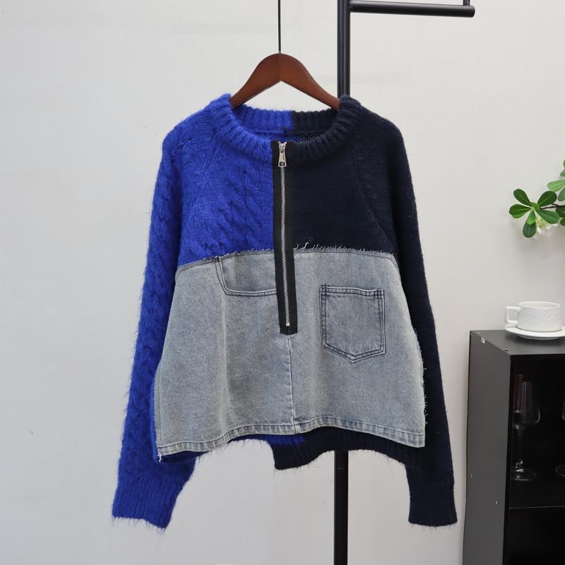 Autumn and Winter New Loose Casual Design Sweater Jacket Women's Semi-zipper Splicing Denim Knitted Sweater