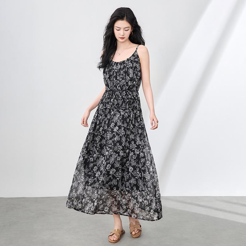 

Французское ретро шифоновое платье-комбинация - Легкий летний отпускной стиль с принтом для женщин M чёрный