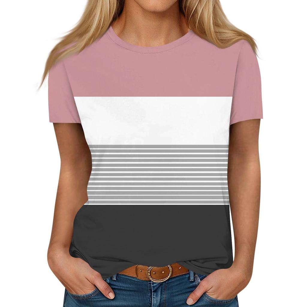 Summer Round Neck 3D Color - Block and Striped Print Top Fashionable Casual Short Sleeved Women's T-shirts