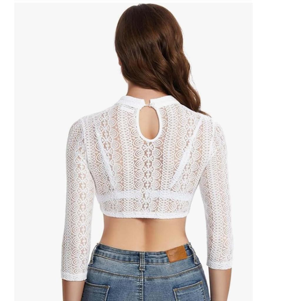 Women's Lace High Neck Crop Top Shirt Oktoberfest Style Sheer Mesh Blouse Three Quarter Sleeve Festival Shirt