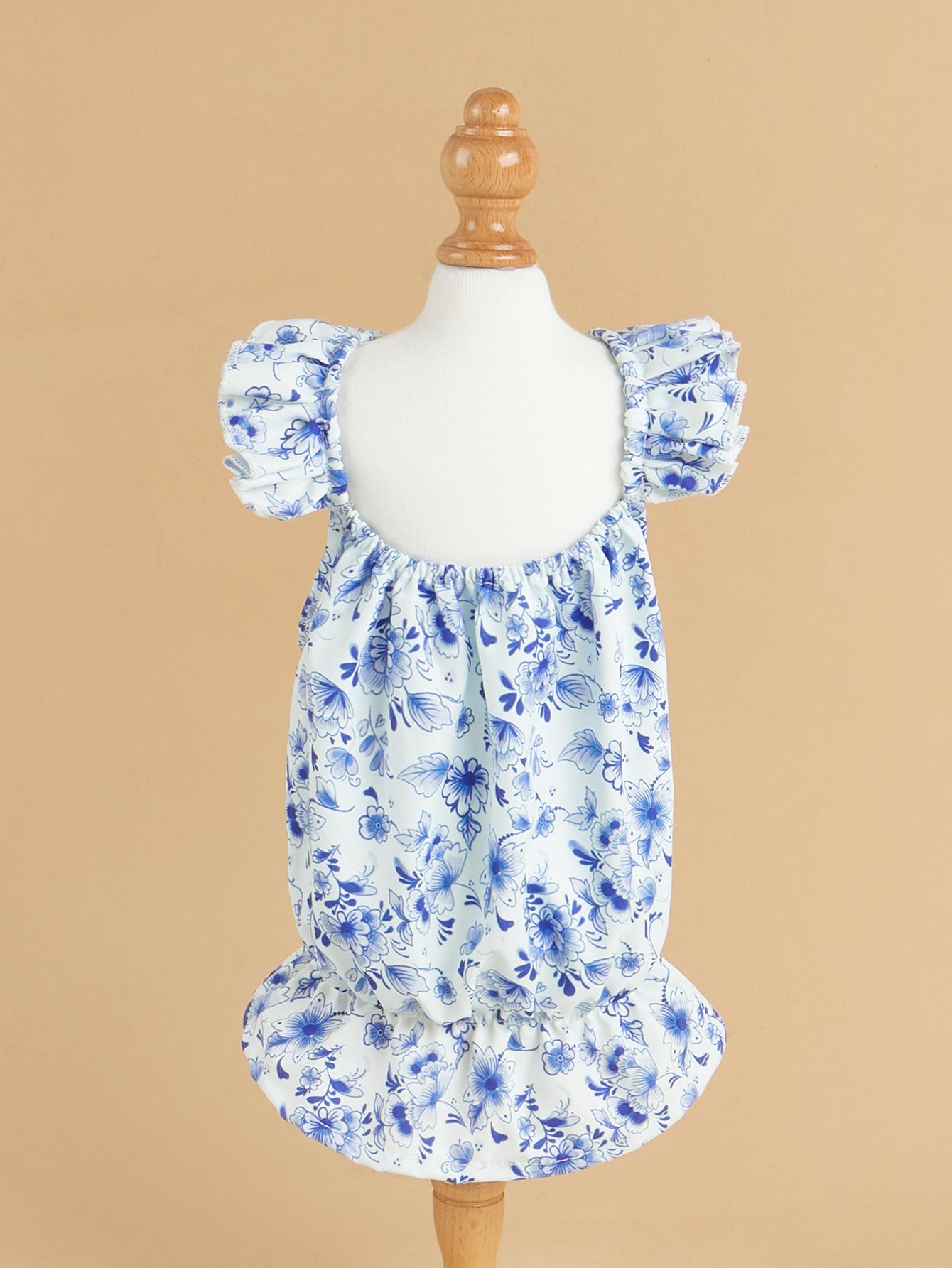 

Dress Shirt Cute Blue and white Porcelain Sundress Printed Princess Summer Puppy Apparel Clothes with Ruffles for Small Dogs Ca S синій