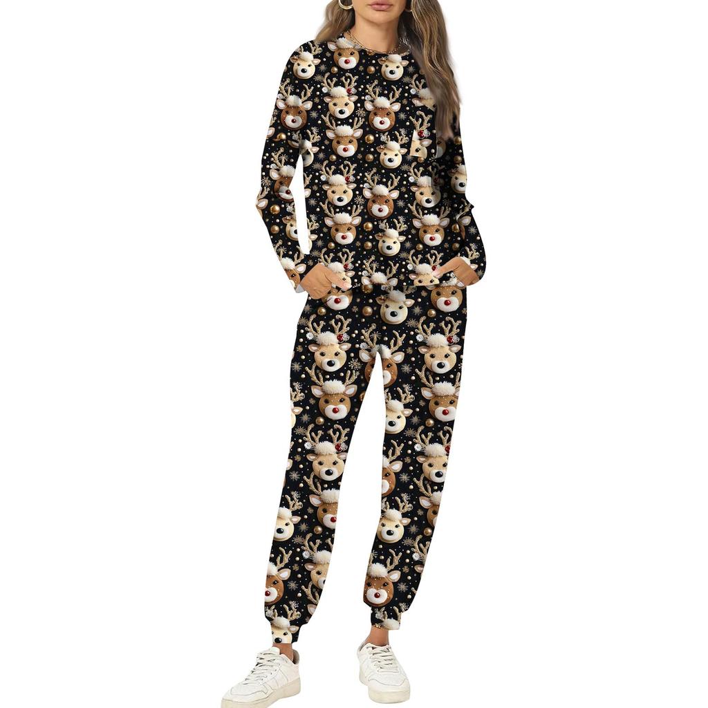 Sets For Women 2 Piece Round Neck Long Sleeve Shirts Printed Sweatpants Pocket Sets