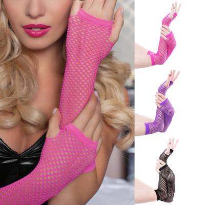 Sexy Women Solid Color Fishnet Half Hand Fingerless Long Gloves with Thumb Hole