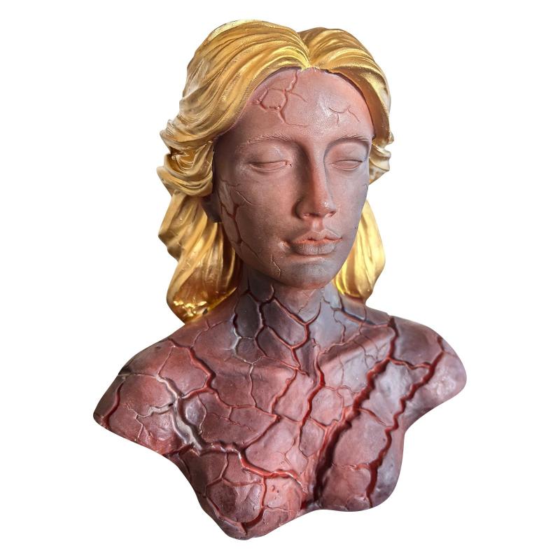 

Blazing Maiden Bust Figurine LED Lava Shattered Effect & Golden Hair Sculpture Fantasy Desk Ornament for Home Office Decoration