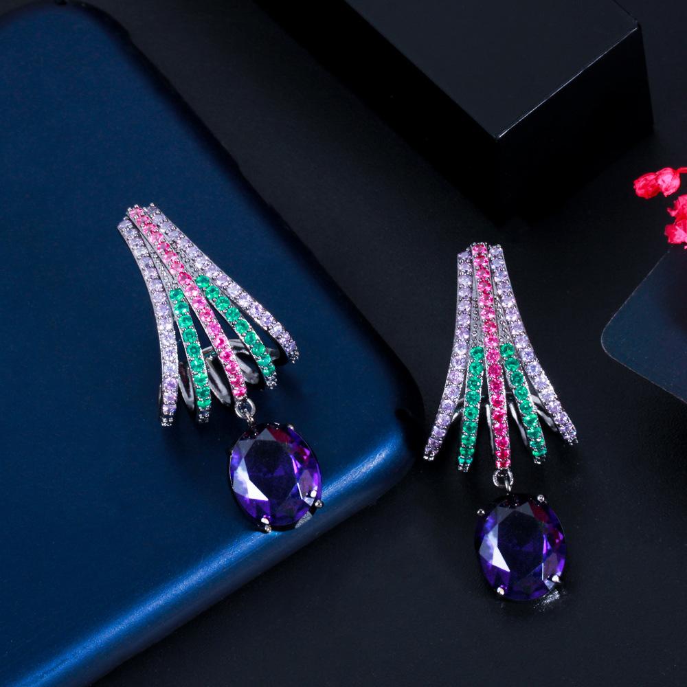 1 Pair Elegant Oval Cut Purple Zircon Long Dangle Earrings for Women Vintage Black Golden Color Bride Wedding Earrings