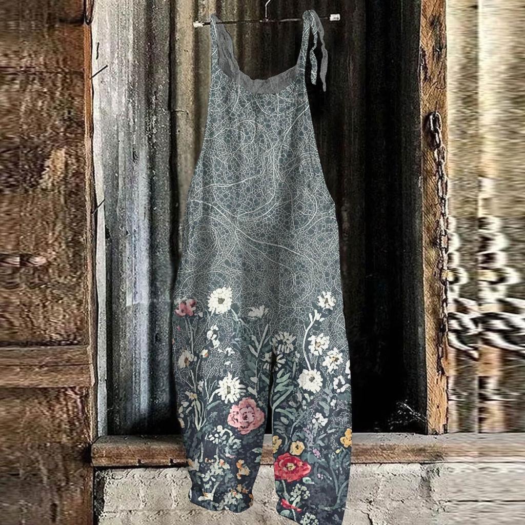 Women's Jumpsuit Floral Print Casual Loose Vintage Shoulder Strap Cotton Linen