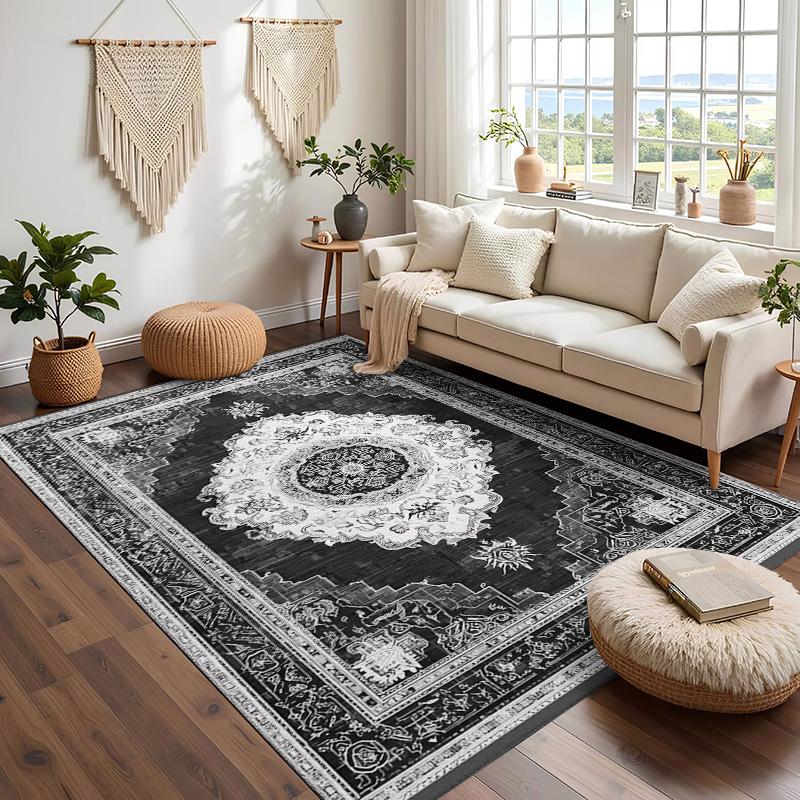 RAKKS Black Grey Mandala Velvet Large Area Rugs,Stain Resistant Anti Slip Backing for Living Room,Bedroom,Vintage Home Decor