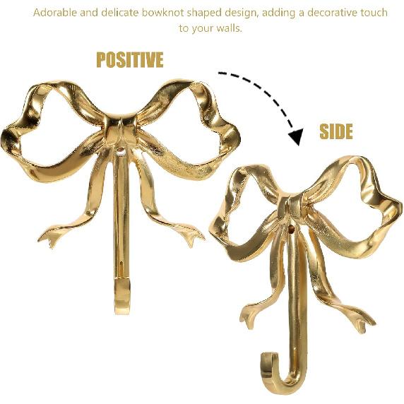 Bow Hook for Wall Decorative Bowknot Hook Gold Coat Hooks Wall Peg Hook Bow Hanging Hook Towel Hook Brass Bow Hook for Home (2.63X2.52X0.59in,Gold)
