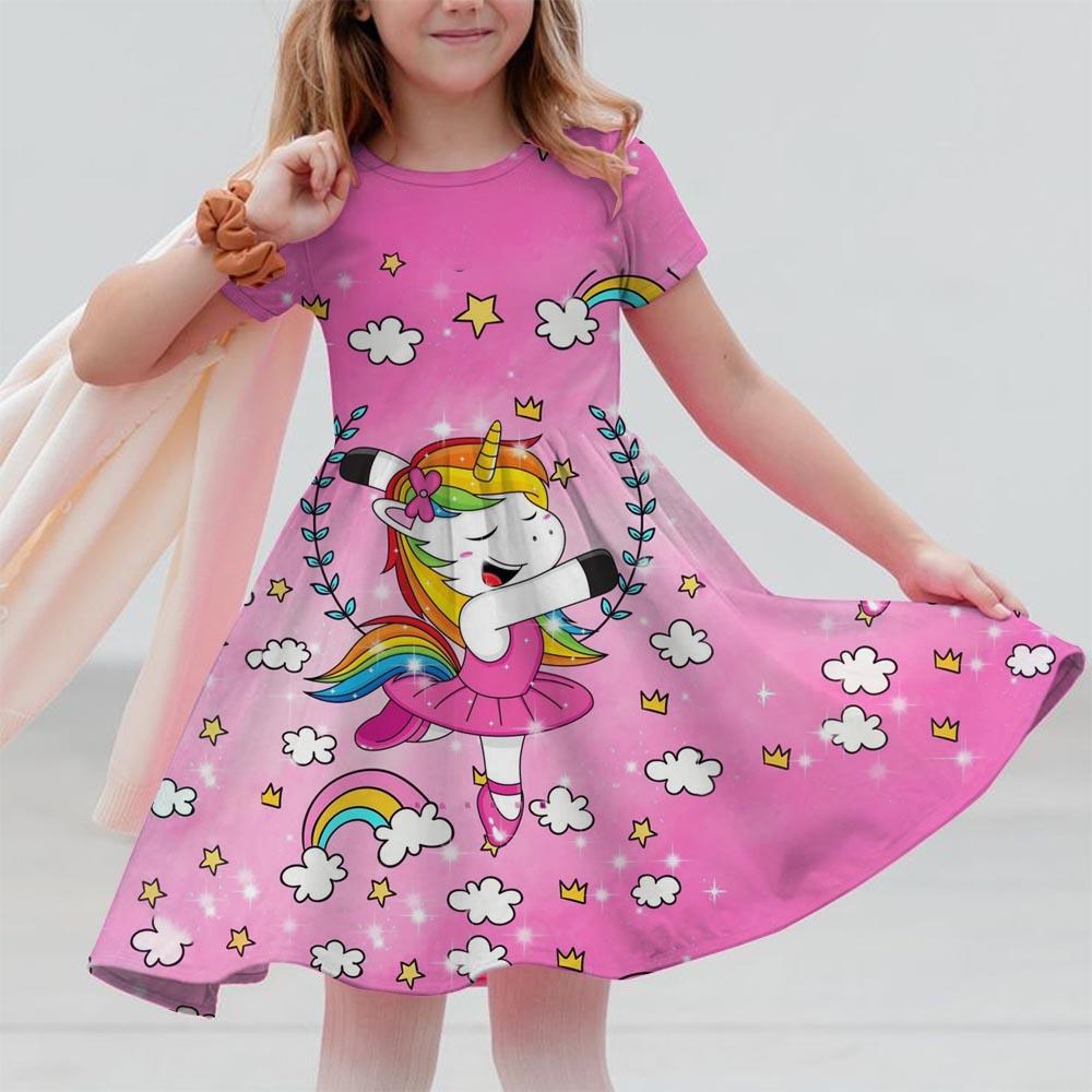 Robes d'été pour filles Licorne Enfants Robe à manches courtes Dessin animé Tout-petits Décontracté Robes droites Vêtements pour enfants 3-12 ans