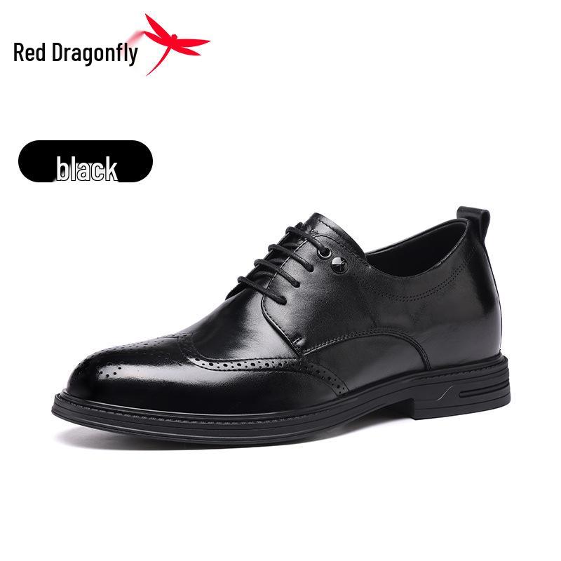 2026 Red Dragonfly Men's Brogue Leather Formal Shoes with Velvet, Genuine Leather, Perforated Design, Ideal for Weddings and Business.