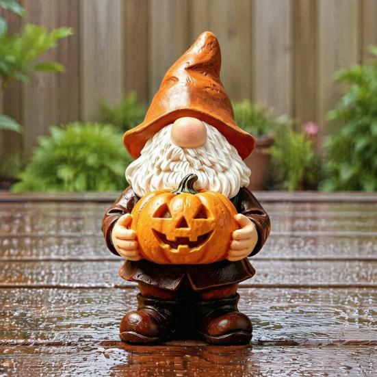 Weather Resistant Gnome Decor Halloween Garden Statue, Faceless Holding Pumpkin Sculpture, Waterproof Lawn Statue Resin for Porch Yard Autumn