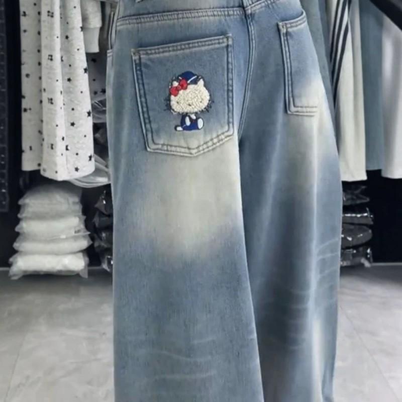 Womens Cartoon Embroidered Jeans 2026 Loose Fit Wide Leg Straight Floor Length Pants