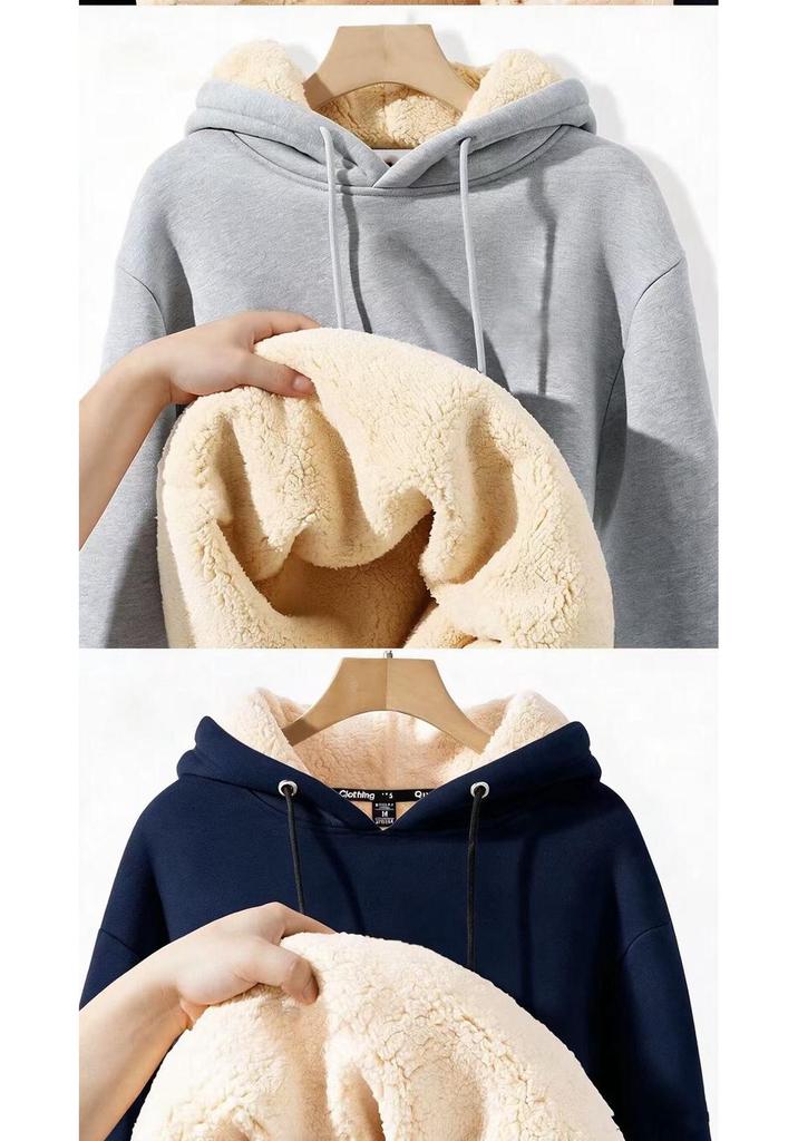 Men's Velvet-Lined Lambswool Hoodie - Loose Fit, Solid Color, Warm Winter Jacket