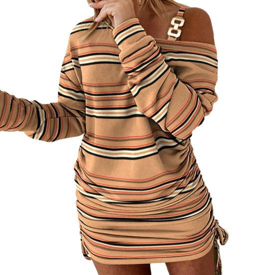 

2024 Декор-цепочка на одно плечо, с длинным рукавом, в тон, косая шея с принтом, длина выше колена, мягкая женская одежда для поездок на работу M оранжевый