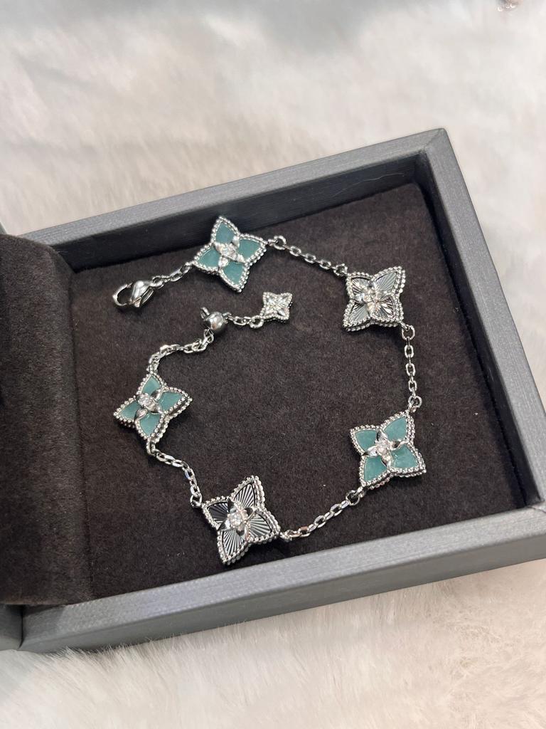 Light Luxury Powder Shell Purple Chalcedony Laser Four-Leaf Clover Five-Flower Bracelet Retro Court Style Sweet Temperament Necklace