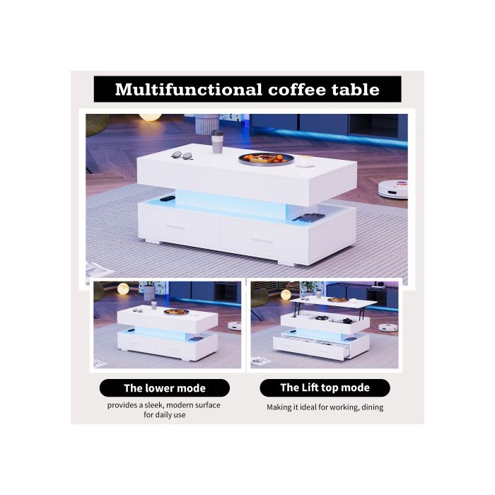 Măsuță de cafea hidraulică - MUVOE - Reglabilă pe înălțime - 2 sertare - Iluminare LED - Alb