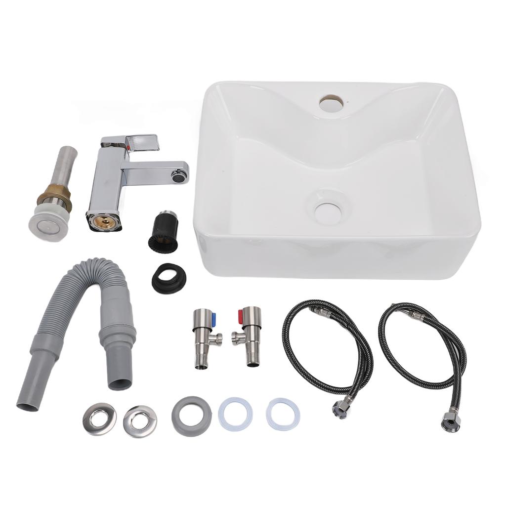 Ceramic Bathroom Sink Modern Rectangular Above Counter Vanity Basin with Faucet Drain Pipe for Home Hotel Glossy White
