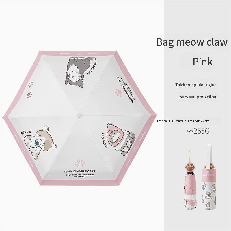 Cute Cat Paw Retractable Five Folding Mini Umbrella Compact Sun Anti UV Parasol 1pc(92cm, 5 folding)