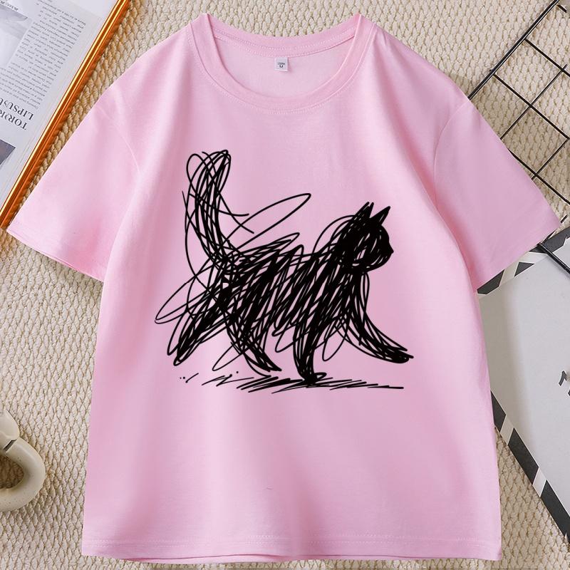 Abstract Cat Line T Shirt Minimalist Scribble Cat T-Shirt Funny Animal Tee Casual Comfortable Round Neck Short Sleeve Tshirt