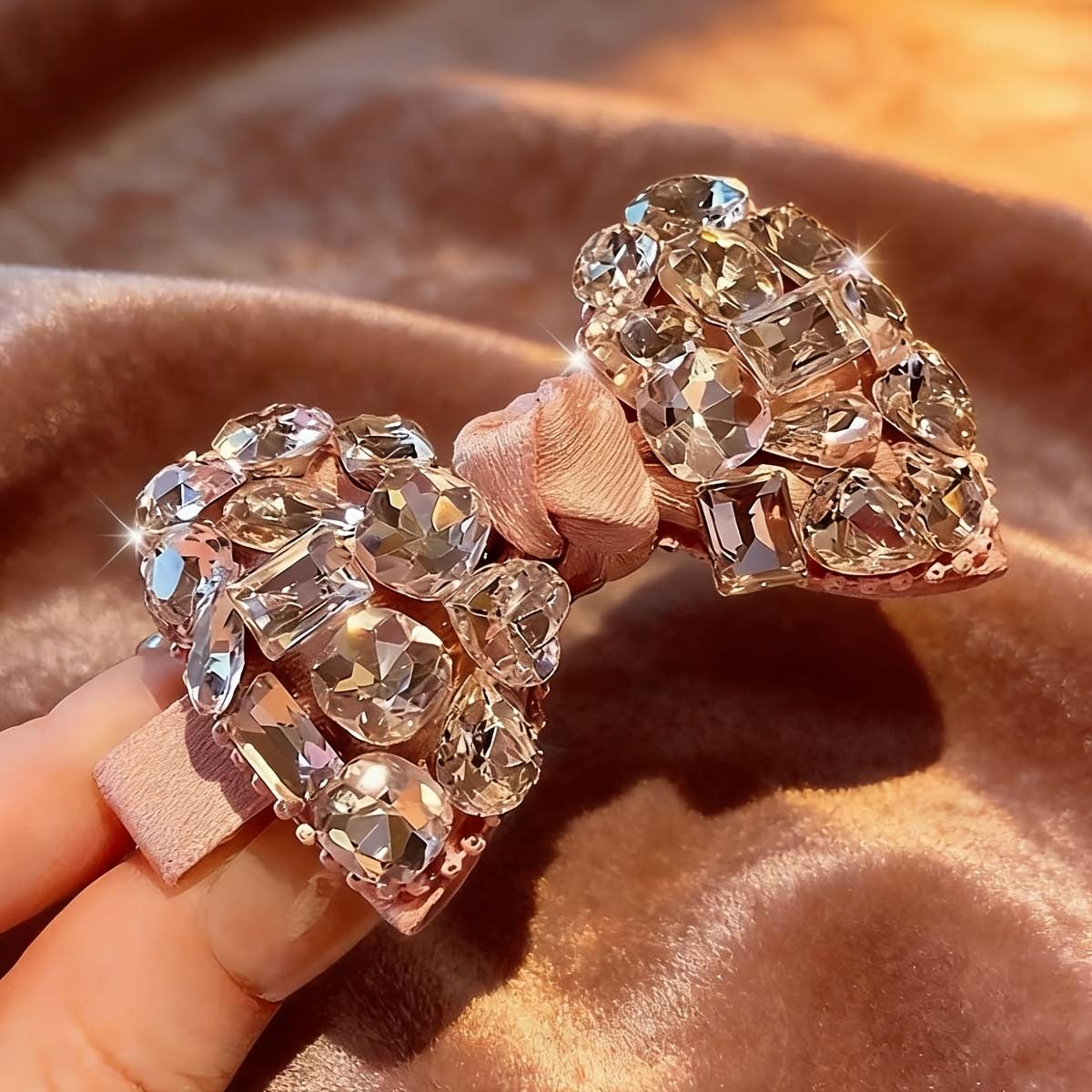 1PC Light Luxury Full Diamond Pink Bow Duck Bill Clip Flash Diamond Broken Hair Temperament Hairpin Wedding Season Hair Accessories Hairpin
