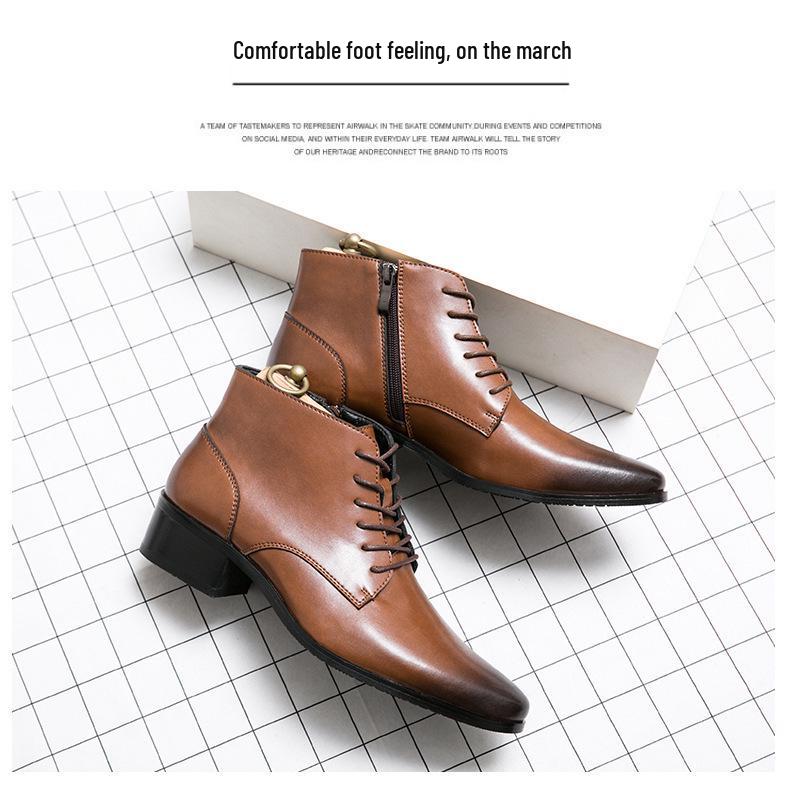 Men's Korean Style Mid-Calf High Heel Leather Boots - Pointed Toe Hairstylist Business Shoes