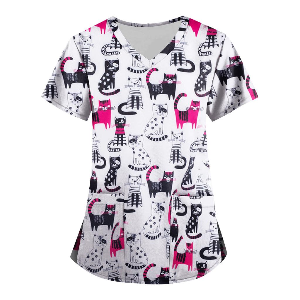 Women's Fashion V-neck Short Sleeve Workwear With Pockets Printed Tops