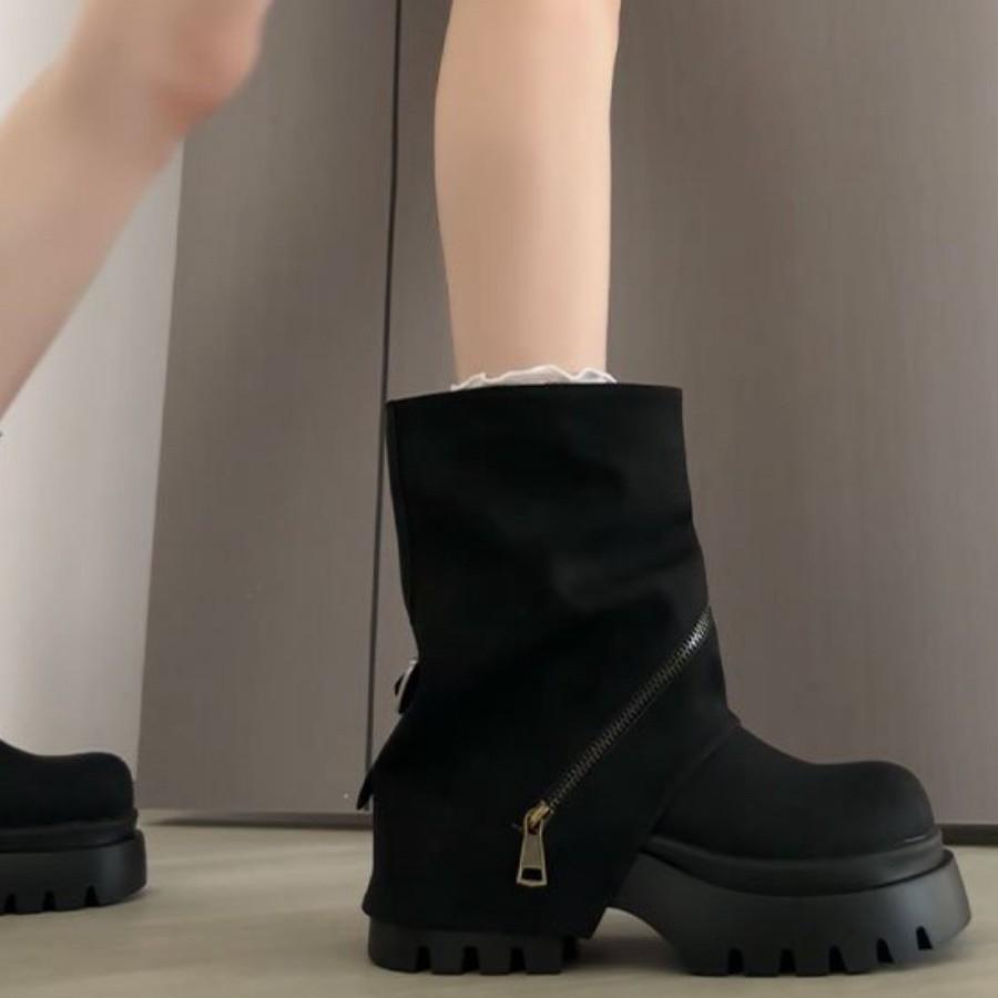 European big head zipper platform muffin Martin boots locomotive boots niche hot girl trouser tube stacking boots small women's shoes