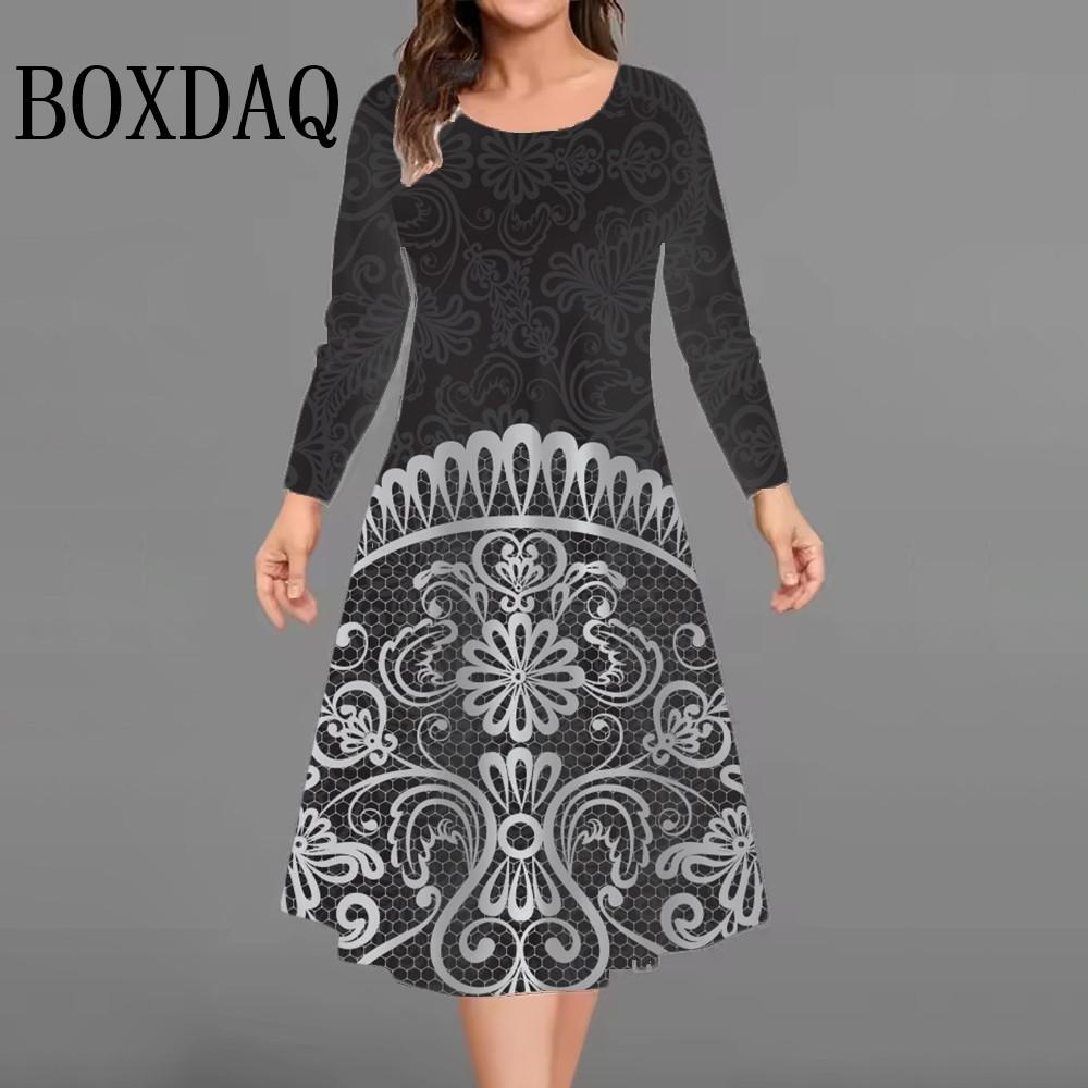 Plus Size Women Dresses Loose Casual Long Sleeve O-Neck Dress 3D Flowers Print Big Size Streetwear Clothing Ladies Dress