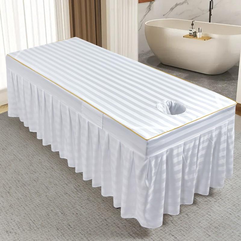 Pruhovaný potah na lehátko do kosmetického salonu s otvorem pro obličej Prodyšný potah na lehátko Napínací sukně na masážní stůl pro kosmetický salon Masážní SPA