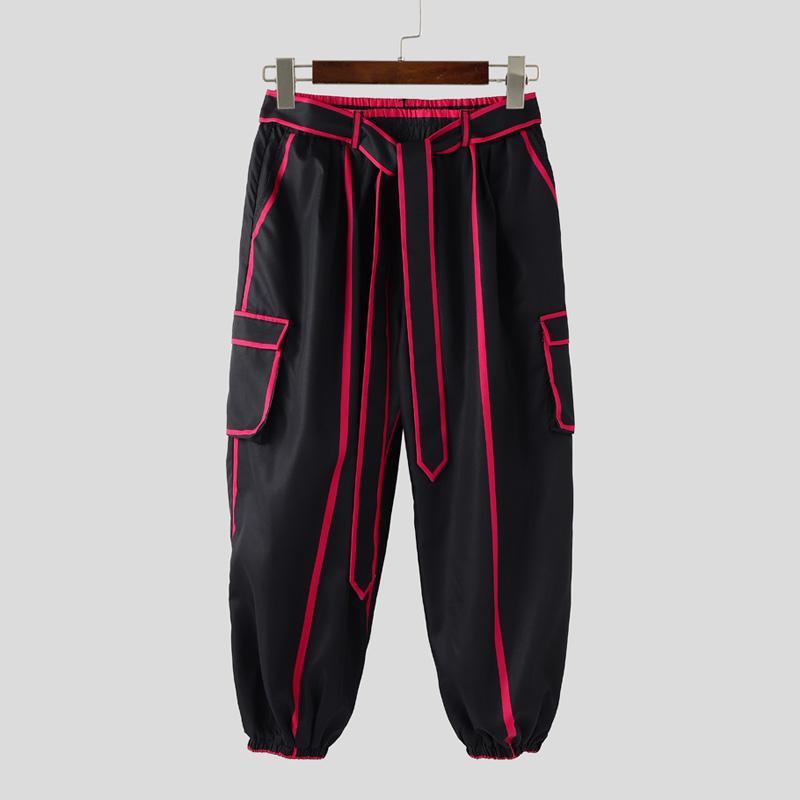 INCERUN Men Elastic Waist Hit Color Belt Casual Thin Harem Pants with Pockets