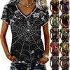 T-shirt décontracté à col en V et manches courtes pour femme - Haut à enfiler avec imprimé Halloween
