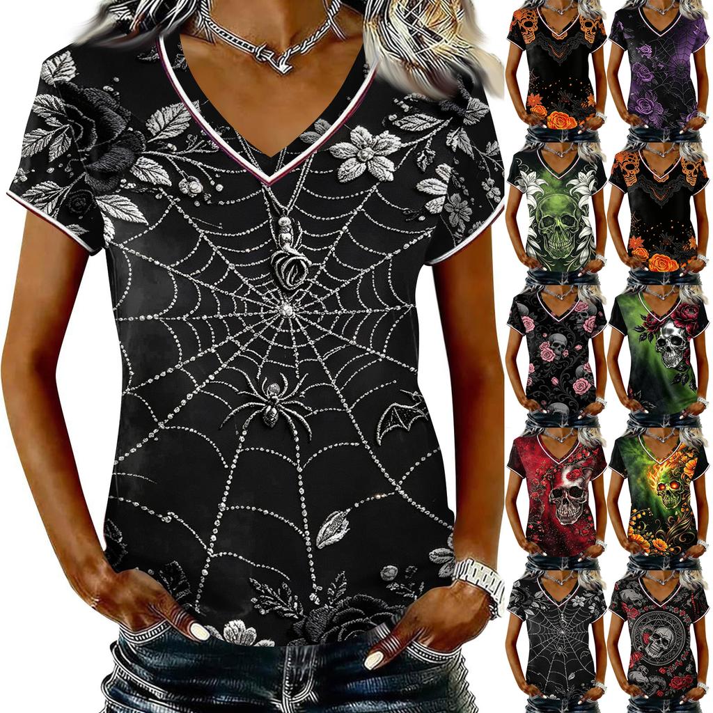 Dames Casual V-hals Korte Mouw T-shirt Halloween Print Pullover Top