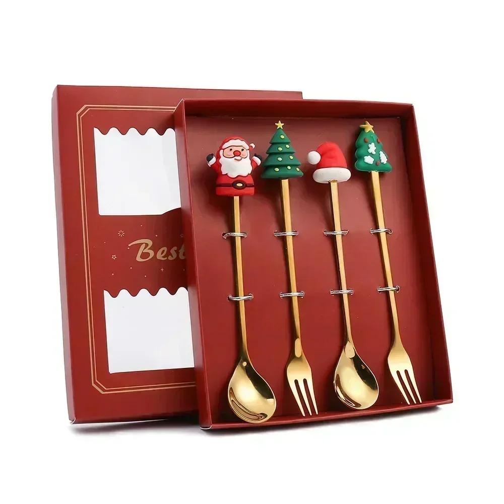 Christmas Table Decor 4-Piece Stainless Steel Cutlery Set with Spoon and Fork, Elk and Xmas Tree Design, Holiday Home Decoration and New Year Navidad