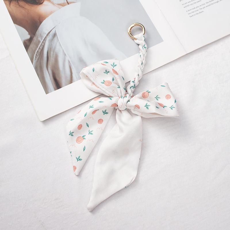 Silk Scarf Keychain with Horseshoe Buckle and Ribbon Bow for Bags and Cars