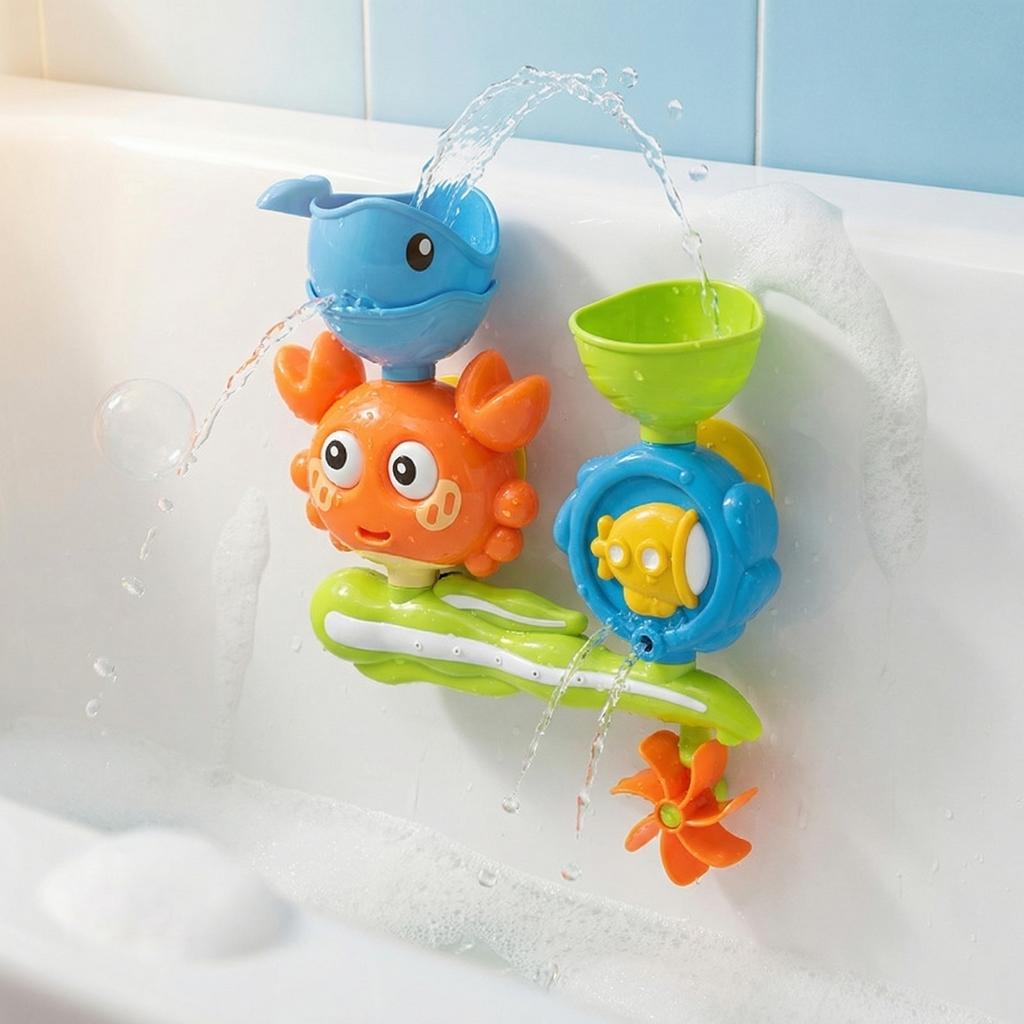 Bath Toy Crab Water Wheel Spinner with Whale and Submarine Features Suction Cup Mounted Bath Toy Set for Kids